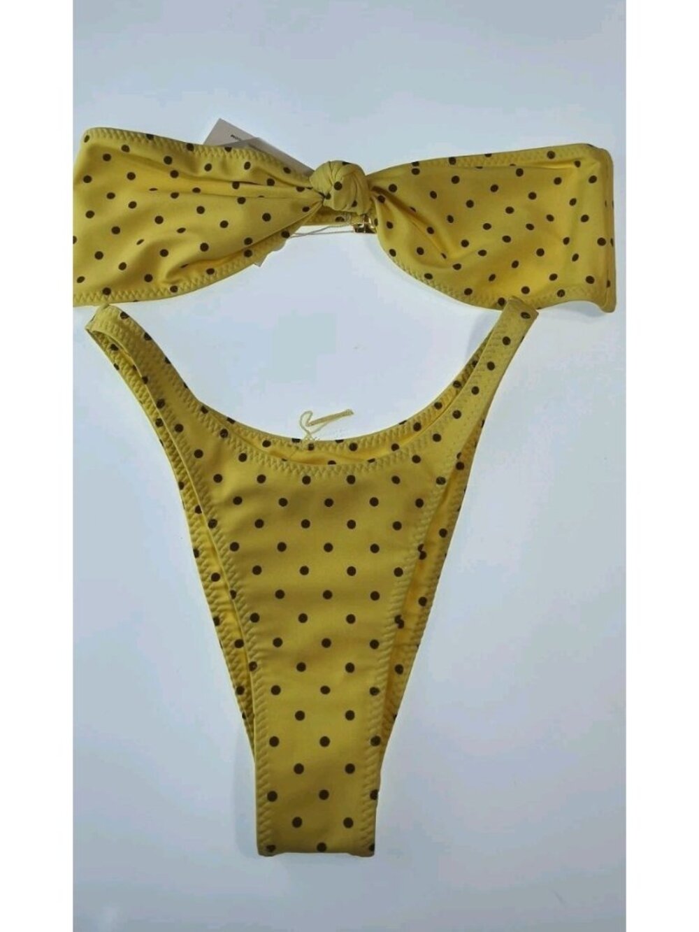 SAME Los Angeles Women Yellow Brown Polka Dot Bandeau Knot Bikini Set NWT XS
